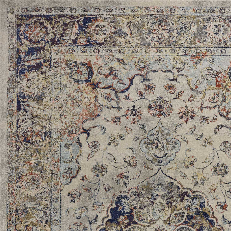 5' X 8' Ivory Blue And Orange Medallion Area Rug - Home Decor