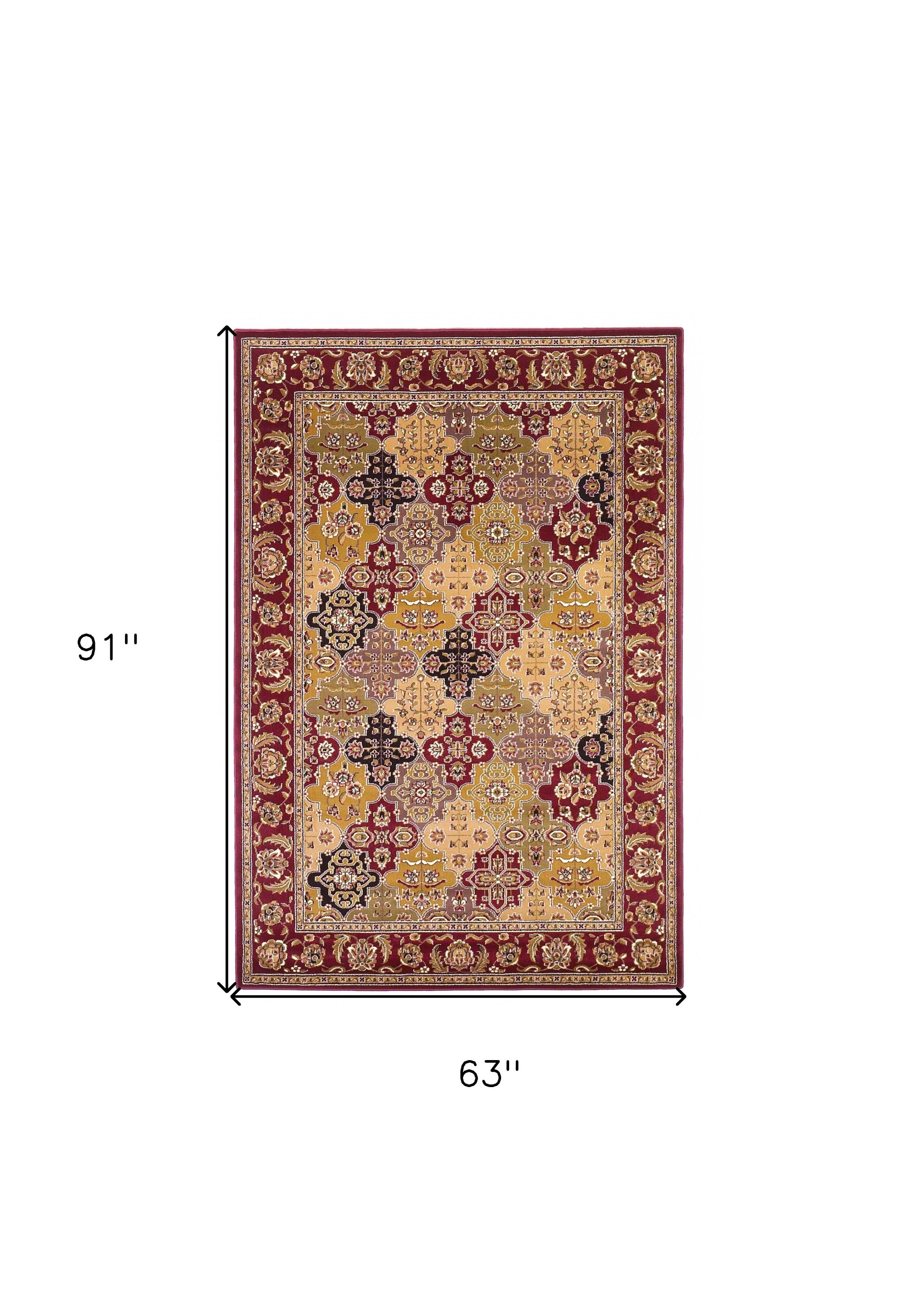 5' X 8' Red Floral Panel Bordered Area Rug