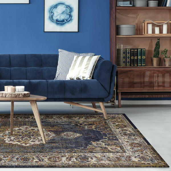 5' X 8' Navy Vintage Medallion Bordered Indoor Area Rug Default Title