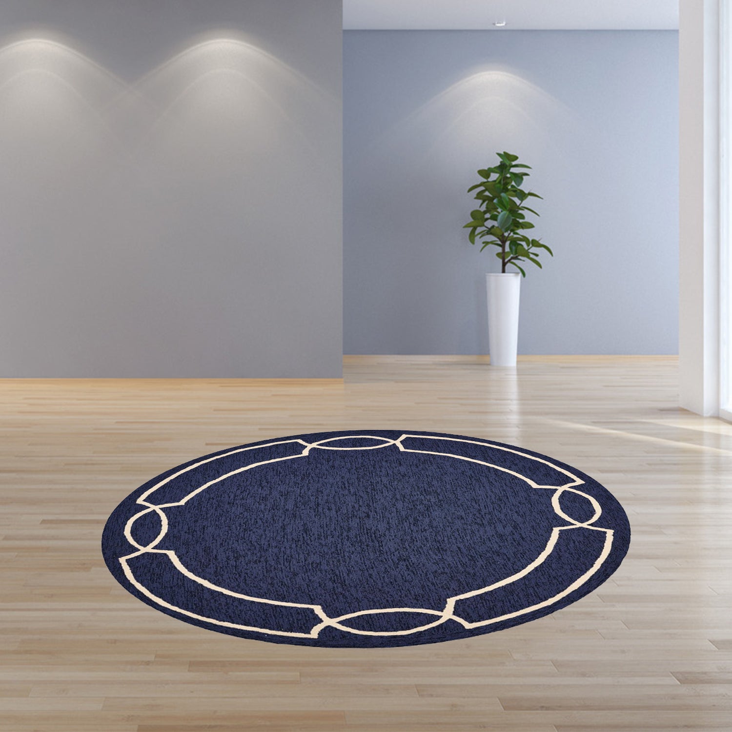 7' Blue And Ivory Round Geometric Handmade Indoor Outdoor Area Rug - Outdoor