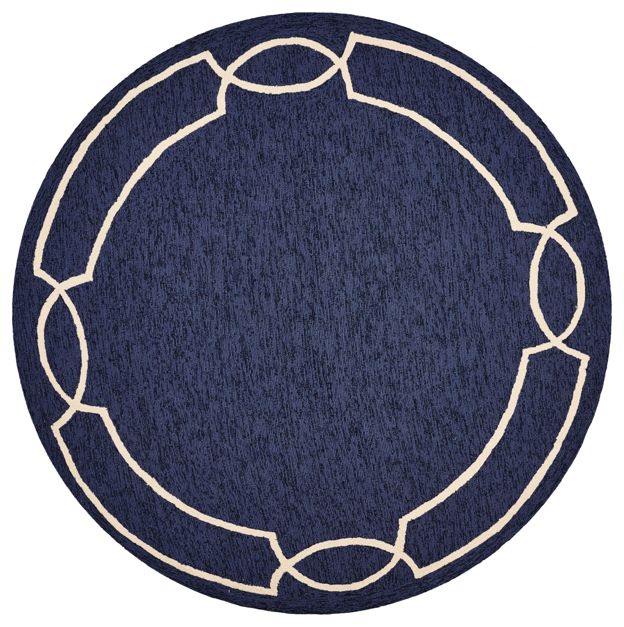 7' Blue And Ivory Round Geometric Handmade Indoor Outdoor Area Rug - Outdoor