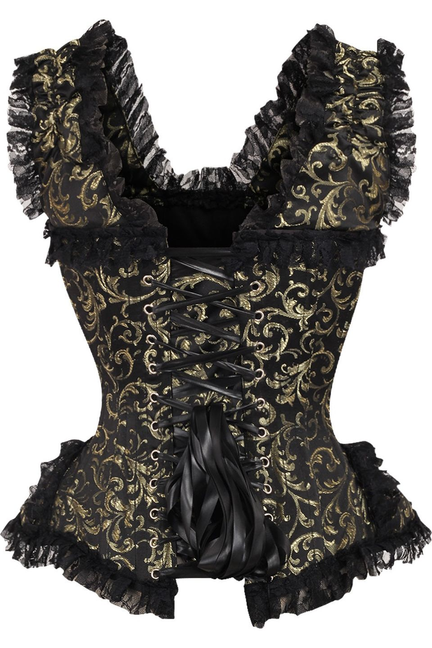 Black-and-gold brocade lace corset with cap sleeves, front lace-up, ruffled hem