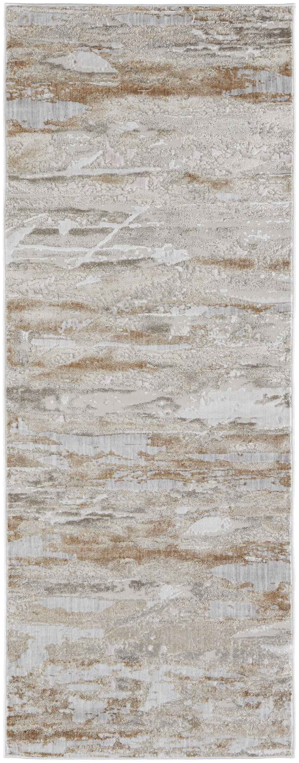 10' Beige and Ivory Abstract Power Loom Distressed Runner Rug
