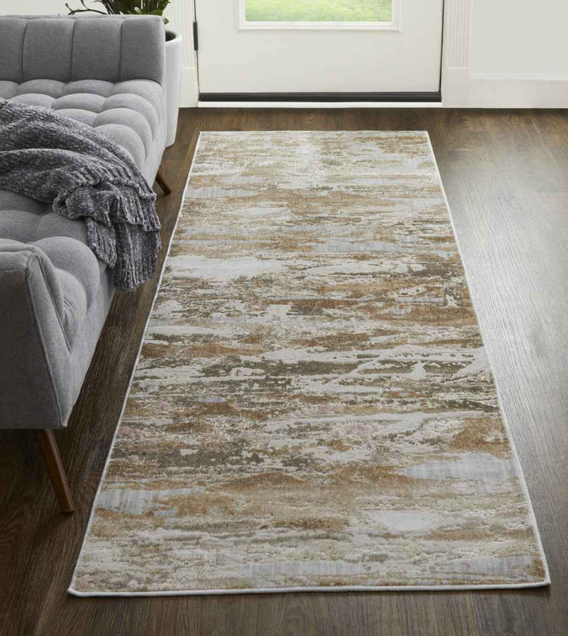10' Beige and Ivory Abstract Power Loom Distressed Runner Rug