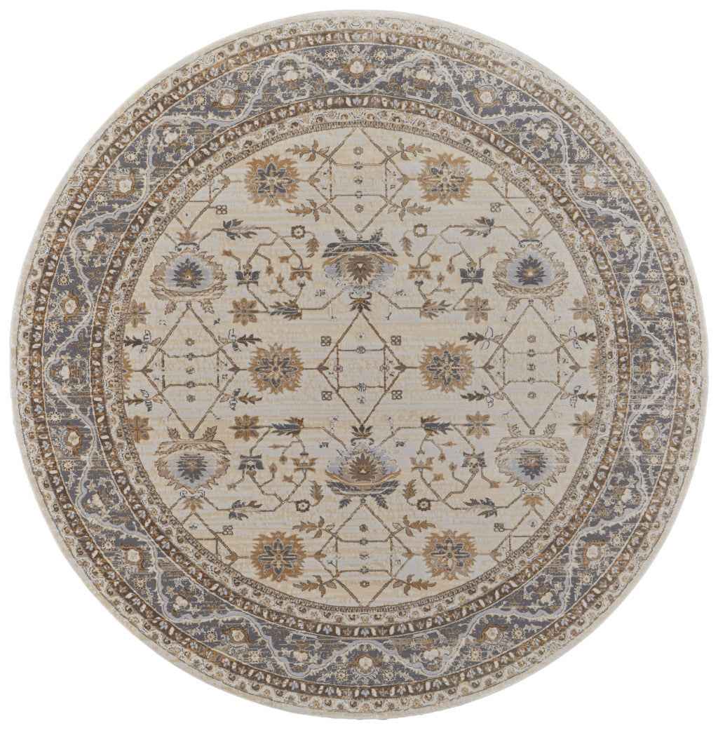 8' Brown and Ivory Round Oriental Power Loom Distressed Area Rug