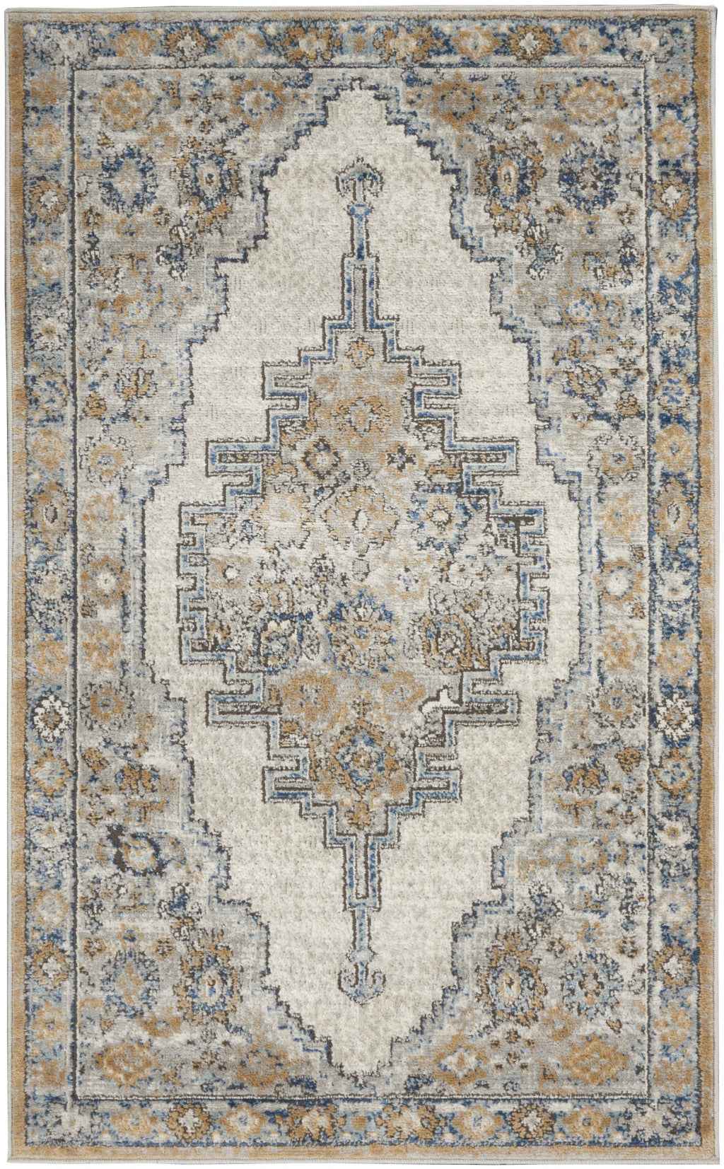3' X 5' Grey And Light Blue Oriental Power Loom Non Skid Area Rug