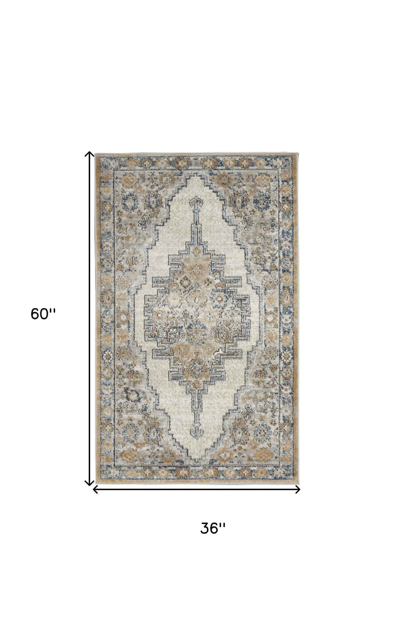 3' X 5' Grey And Light Blue Oriental Power Loom Non Skid Area Rug