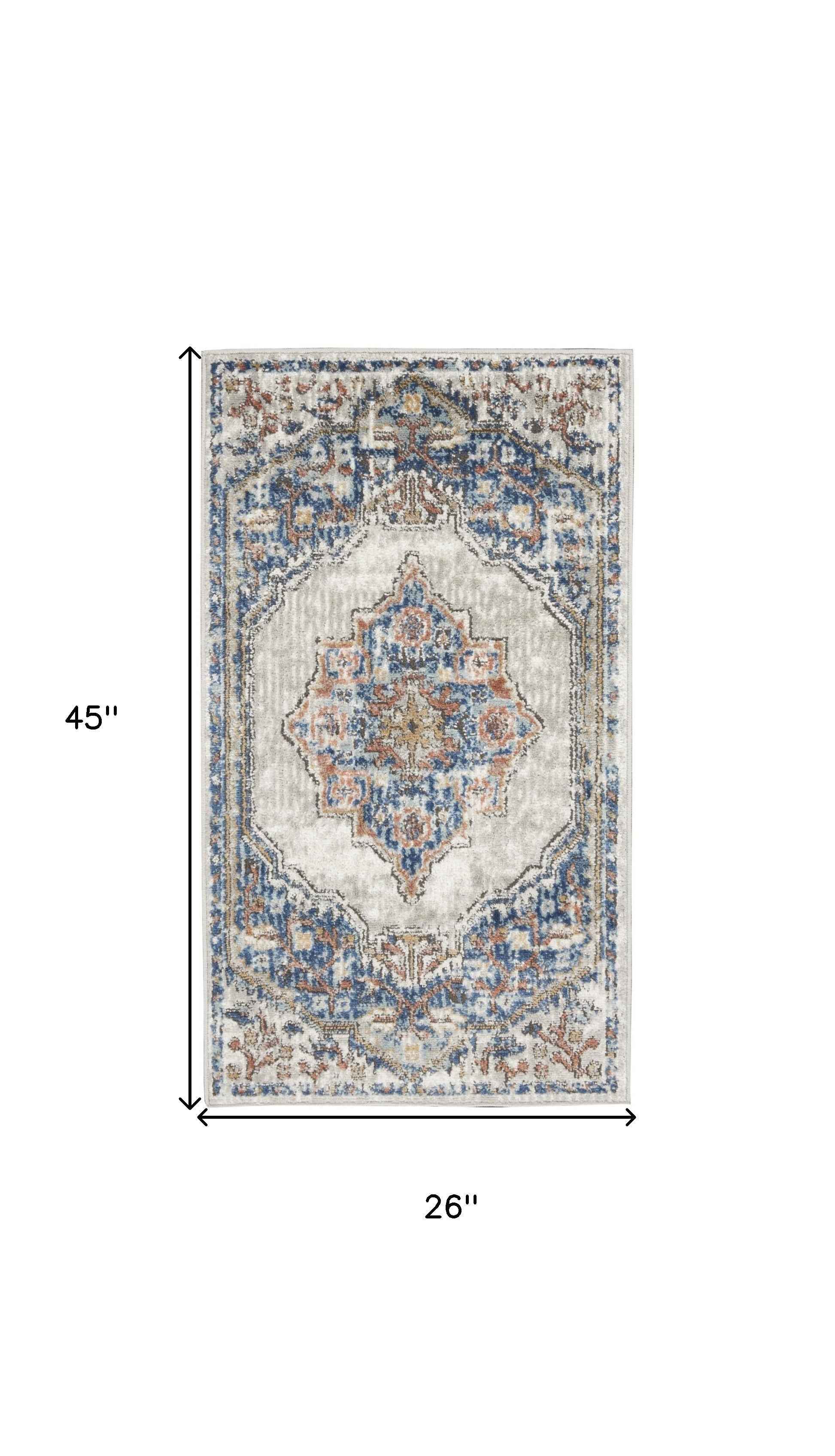 2' X 4' Blue And Grey Oriental Power Loom Non Skid Area Rug