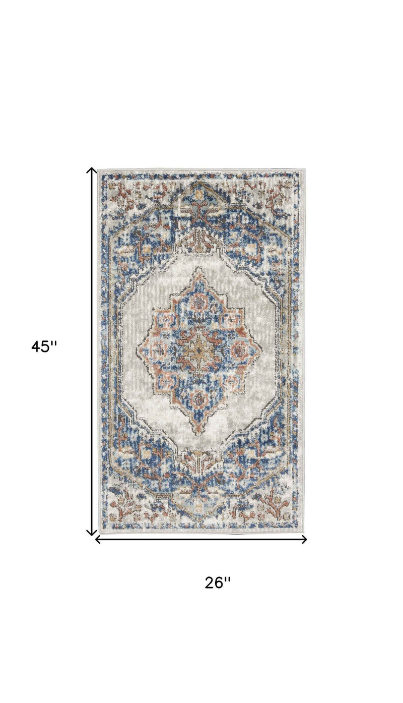 2' X 4' Blue And Grey Oriental Power Loom Non Skid Area Rug