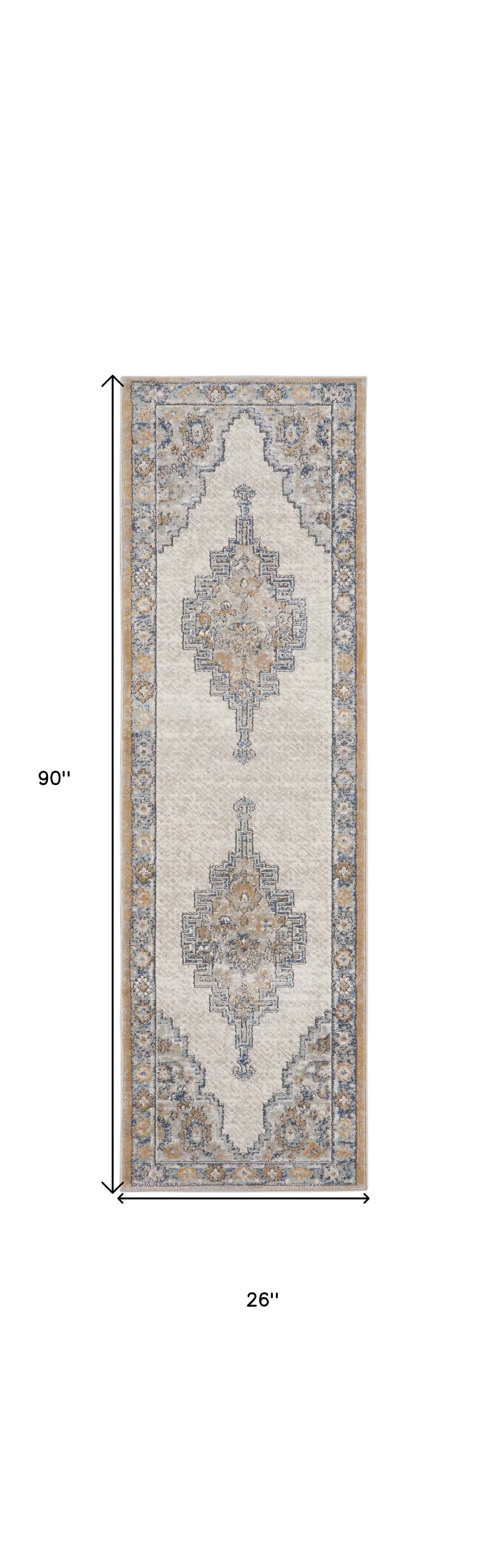 2' X 8' Grey And Light Blue Oriental Power Loom Non Skid Runner Rug