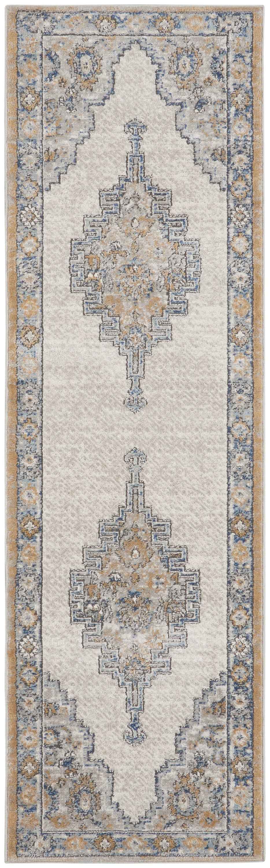 2' X 8' Grey And Light Blue Oriental Power Loom Non Skid Runner Rug