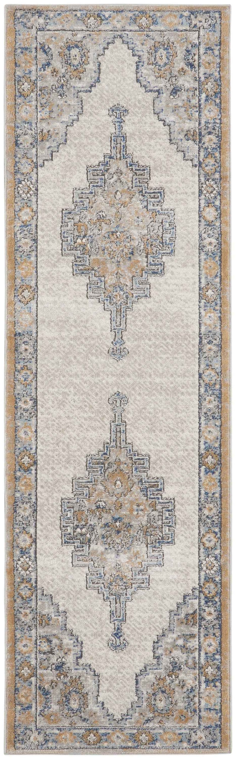 2' X 8' Grey And Light Blue Oriental Power Loom Non Skid Runner Rug