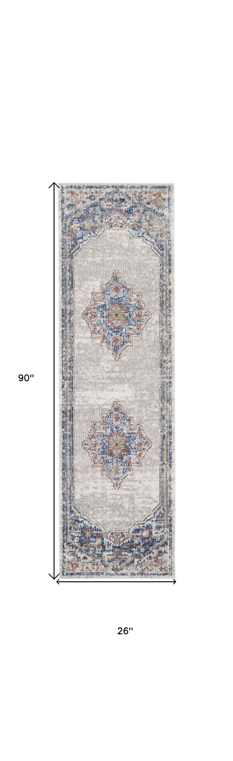 2' X 8' Blue And Grey Oriental Power Loom Non Skid Runner Rug