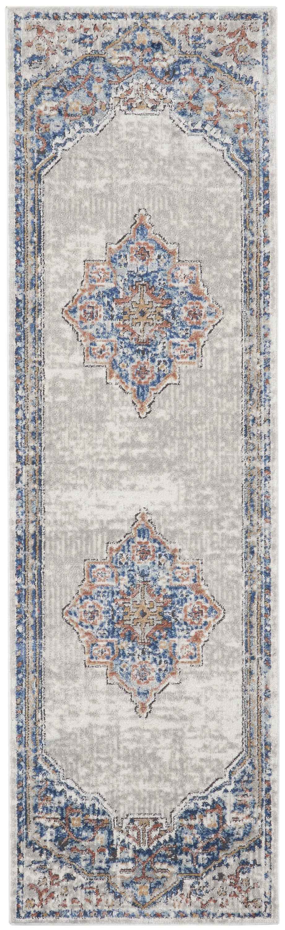 2' X 8' Blue And Grey Oriental Power Loom Non Skid Runner Rug