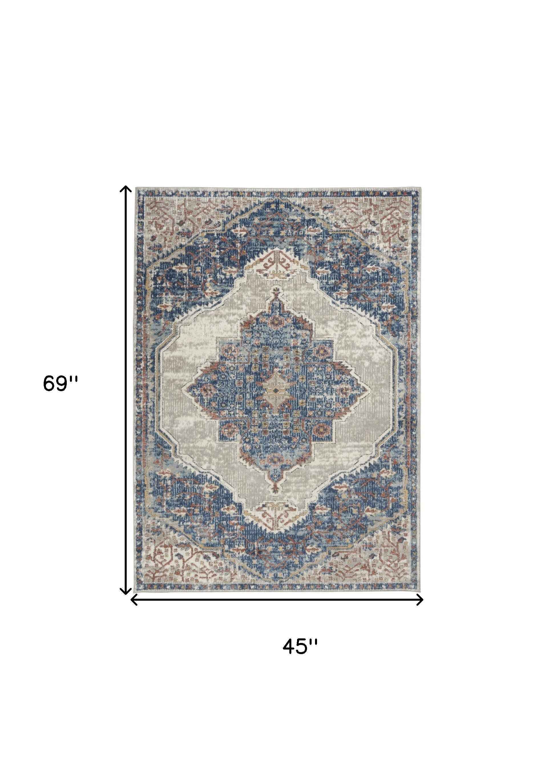 4' X 6' Blue And Grey Oriental Power Loom Non Skid Area Rug