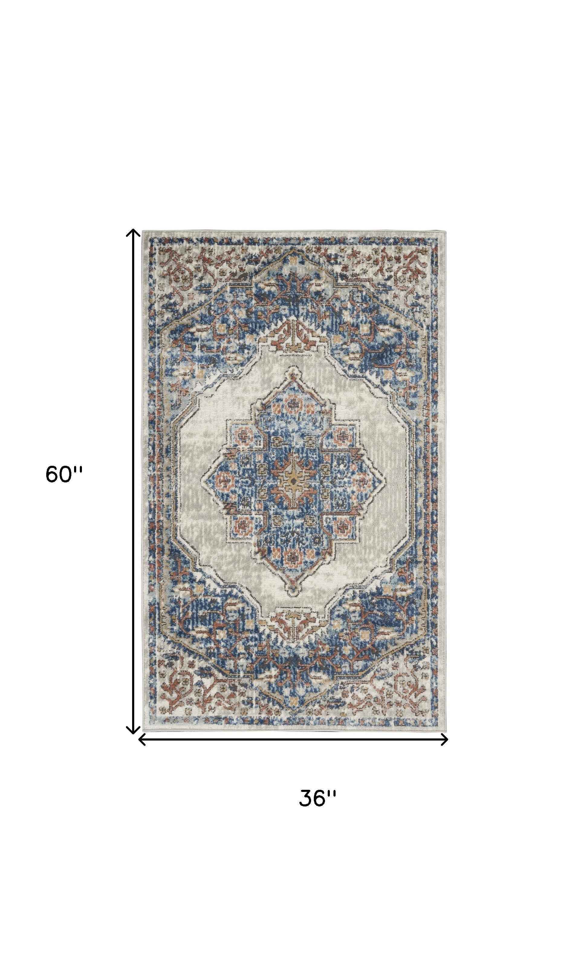 3' X 5' Blue And Grey Oriental Power Loom Non Skid Area Rug