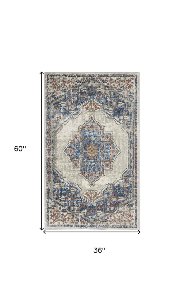 3' X 5' Blue And Grey Oriental Power Loom Non Skid Area Rug Default Title