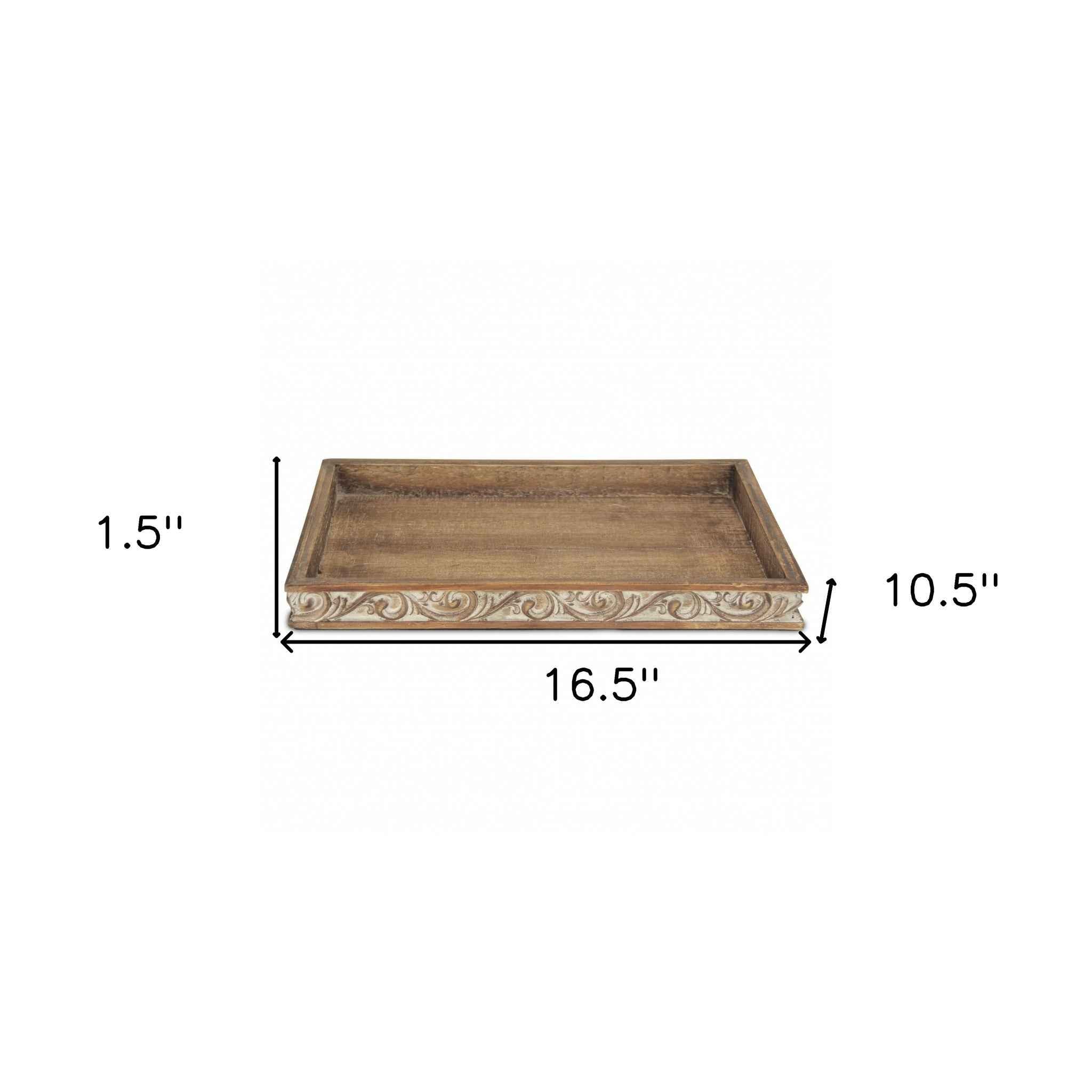 17" Brown Distressed Finish Wood Tray With Side Carvings