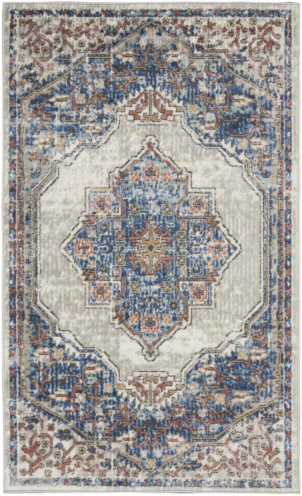 3' X 5' Blue And Grey Oriental Power Loom Non Skid Area Rug