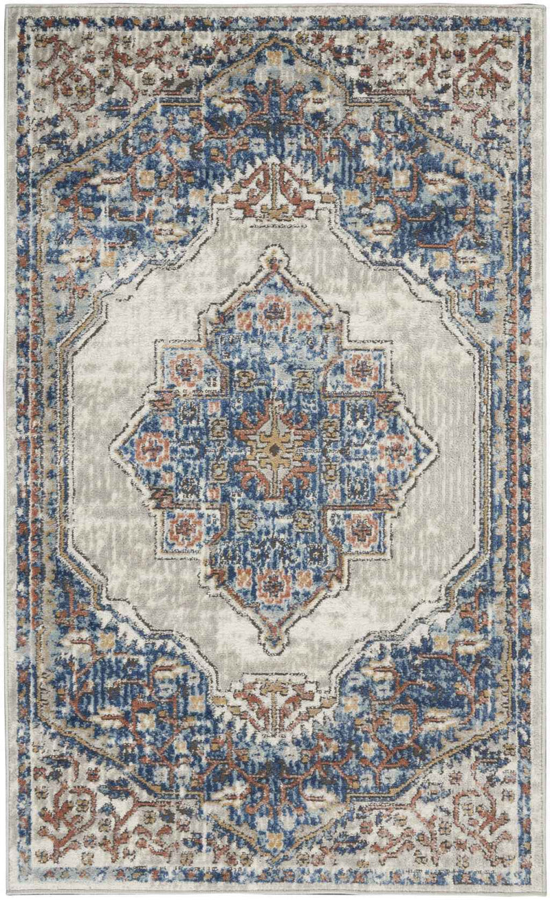 3' X 5' Blue And Grey Oriental Power Loom Non Skid Area Rug