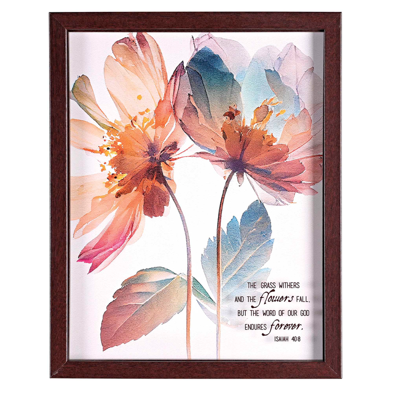 Framed wall art with watercolor flowers, leaves, and biblical text Isaiah 40:8