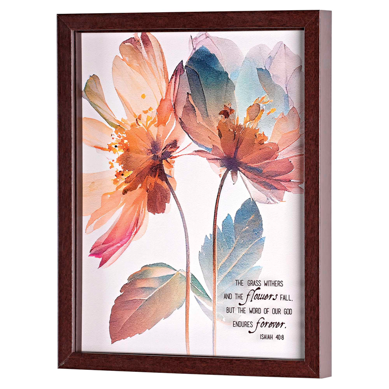 Framed wall art featuring watercolor blossoms and Isaiah 40:8 verse on lower right