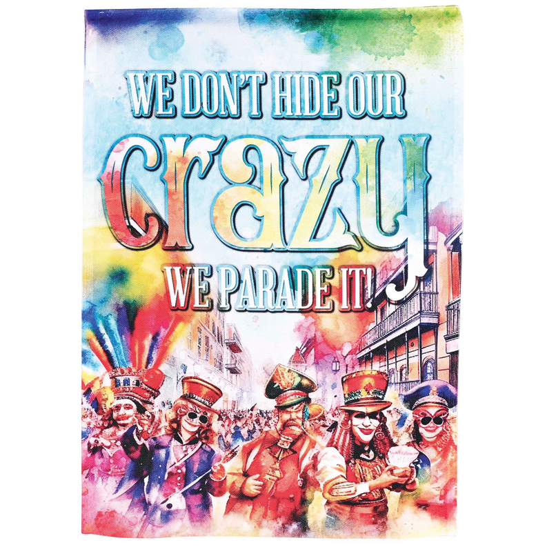Colorful pride parade flag with bold text and crowd illustration