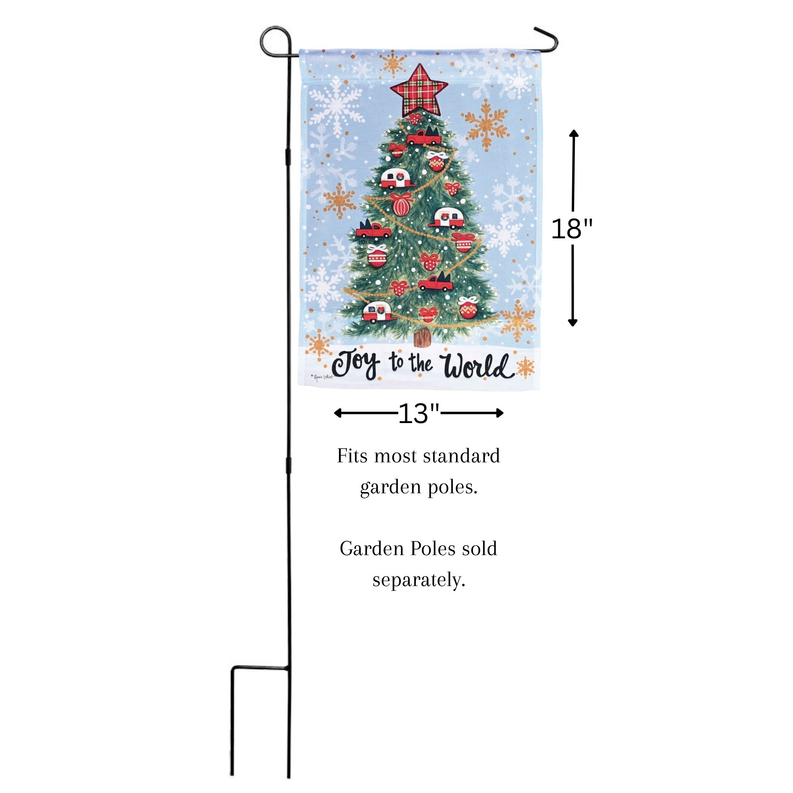 Christmas garden flag with plaid star, decorated tree, red trucks and snowflakes