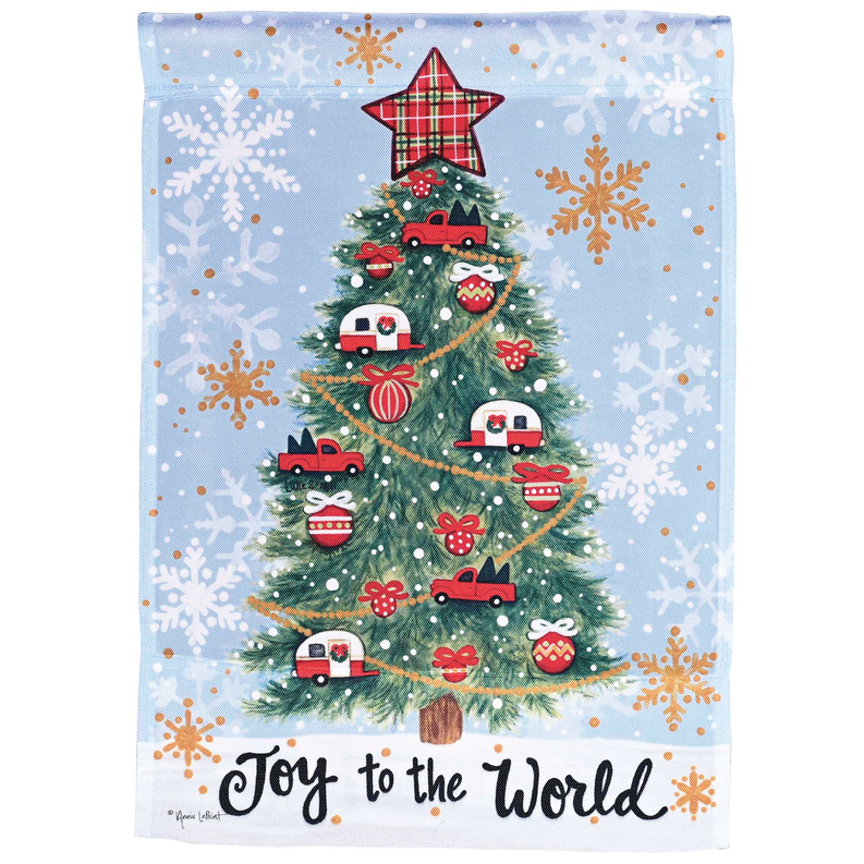 Joy to the World Christmas garden flag with decorated tree, red cars and snowflakes