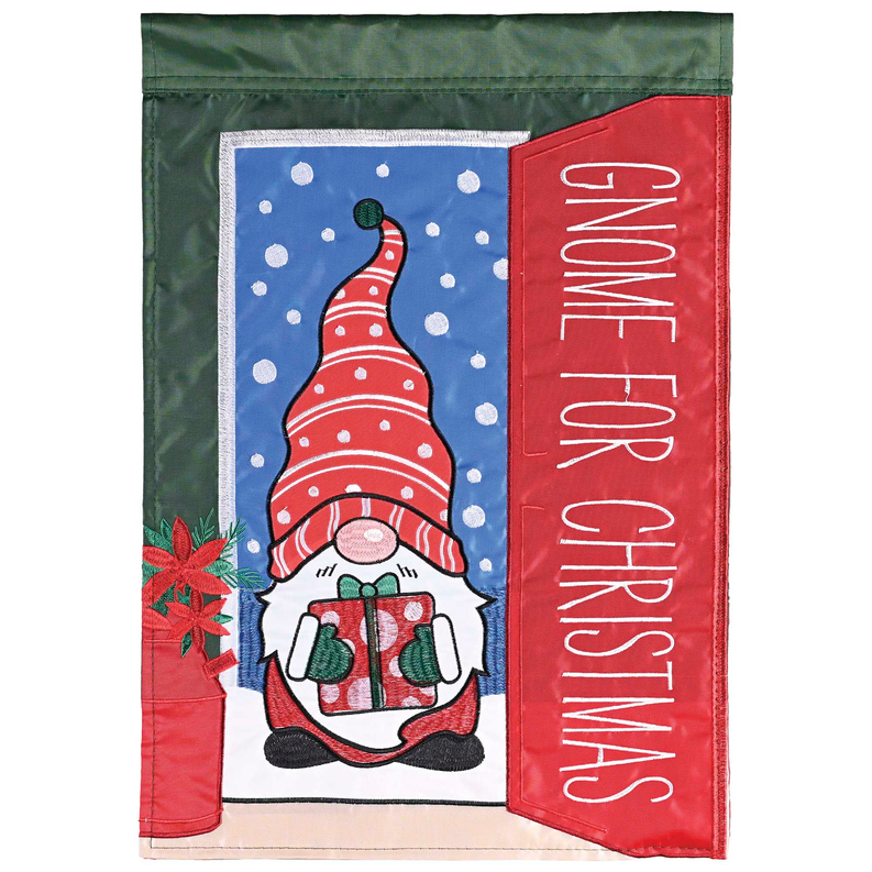 Christmas gnome garden flag, red vertical panel with white script and blue scene