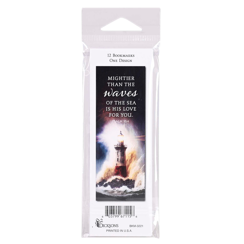 Back of bookmark pack showing “12 bookmarks, one design”, lighthouse art, barcode