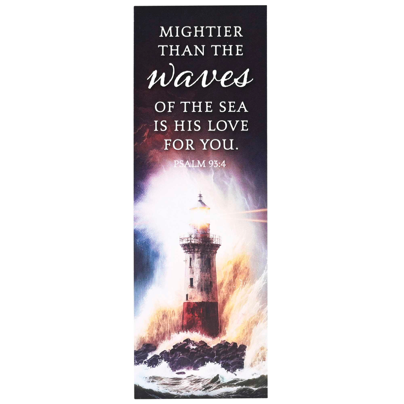 Lighthouse bookmark with quote “Mightier than the waves” and Psalm 9:4 over ocean art