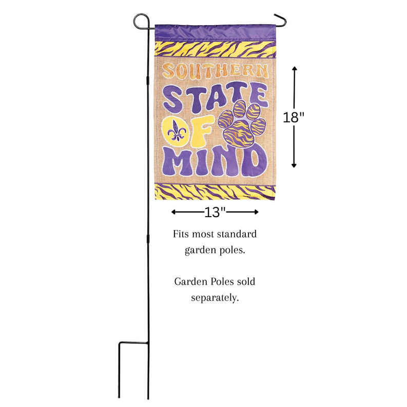 Purple garden flag with “Southern State of Mind” text and yellow tiger paw graphic, 13x18 in.