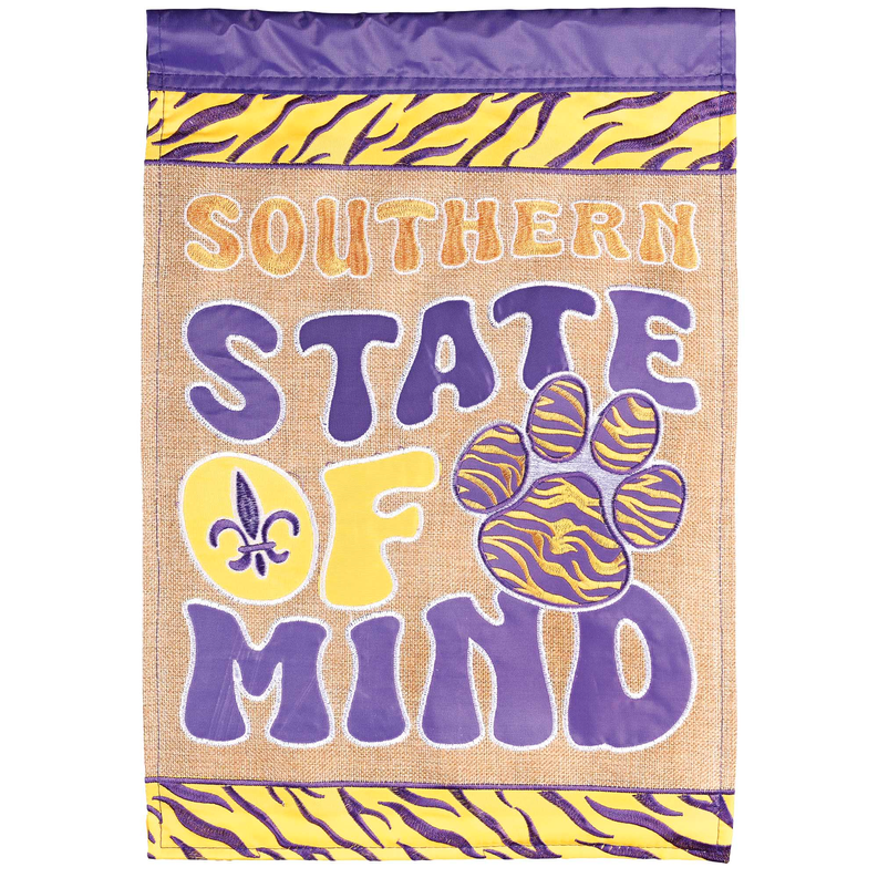 Close-up of purple garden flag with “SOUTHERN STATE OF MIND” and yellow tiger paw graphic.