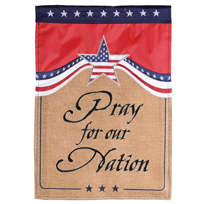 Burlap-style garden flag with red and blue star header, 'Pray for our Nation' text