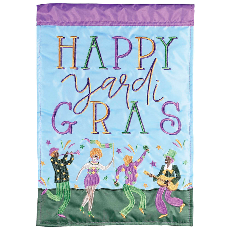 Garden flag with dancers and colorful "Happy Yardi Gras" lettering