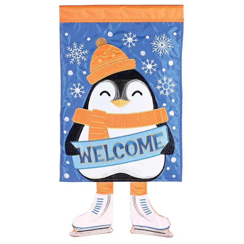 Crazy Leg Welcome Penguin garden flag with penguin and WELCOME text, blue snow print