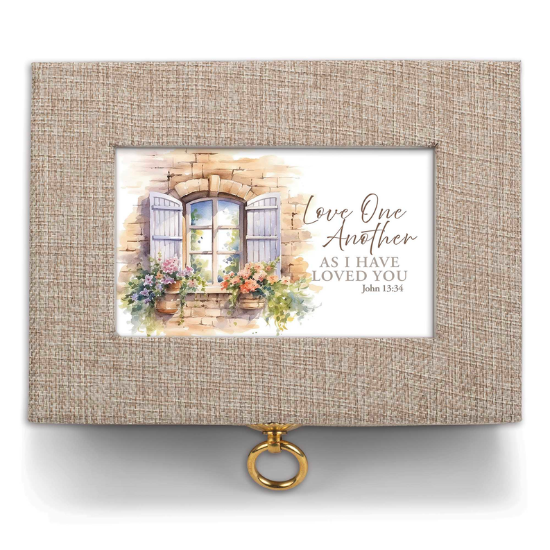 Beige linen-look note card case with framed window card and gold ring clasp