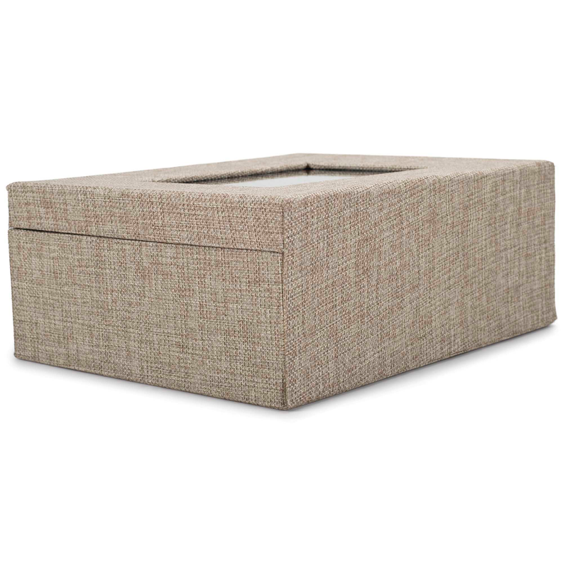 Beige linen-look card storage box with hinged lid and fabric texture