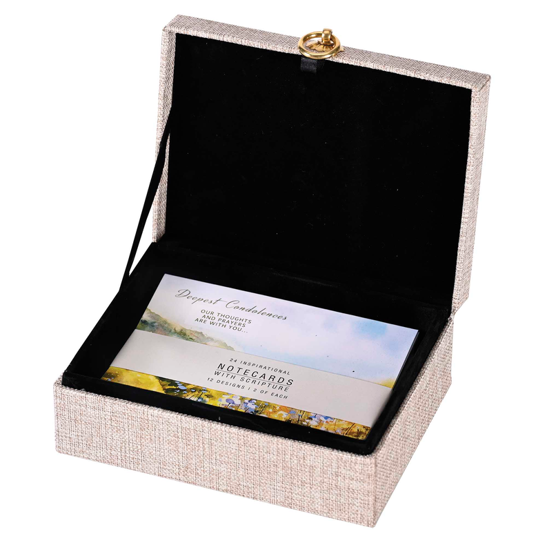 Opened beige linen-look card box showing black interior and note cards