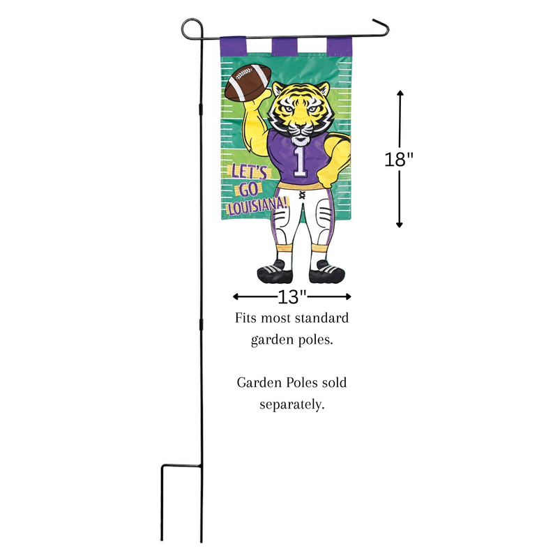 Green garden flag with purple top and tiger football player, number 1; 18 in tall