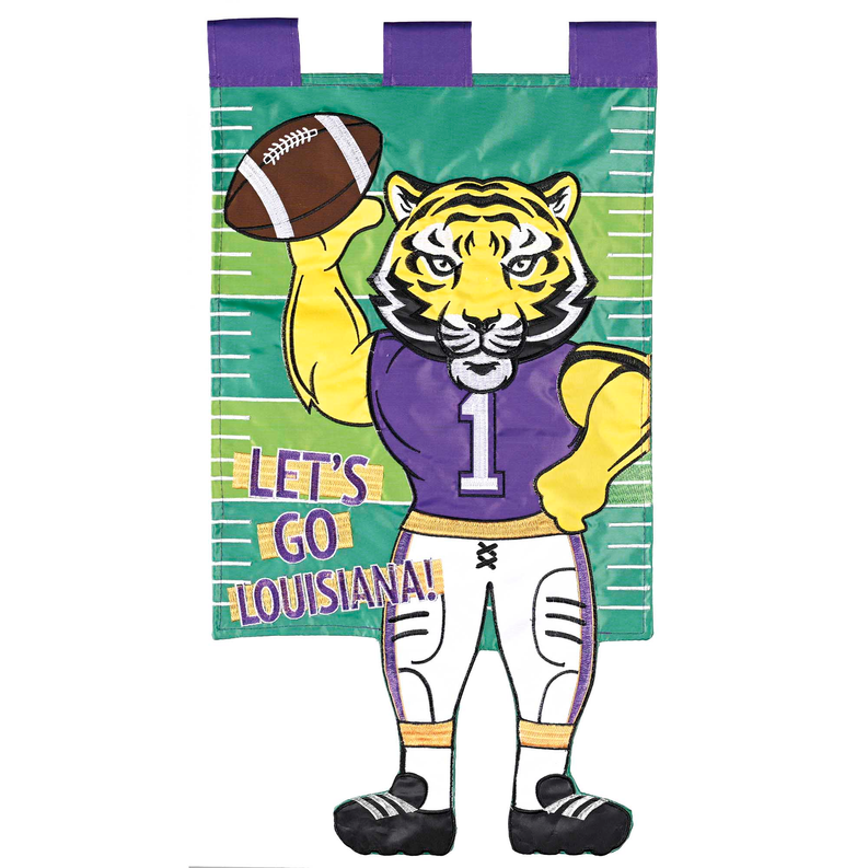 Green garden flag with purple border, tiger football player and number 1