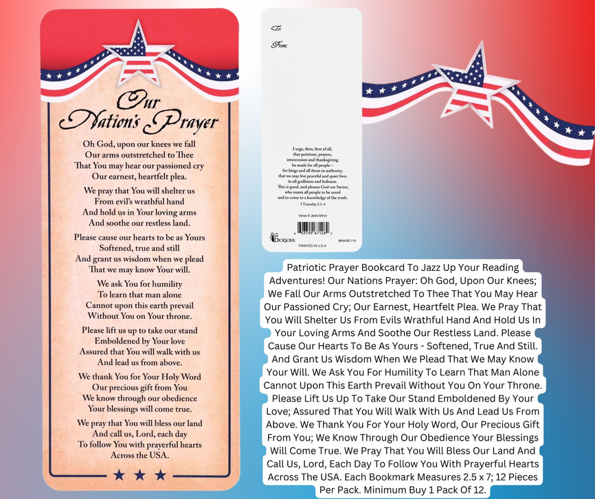 Patriotic prayer card showing front and back with red, white, and blue star design