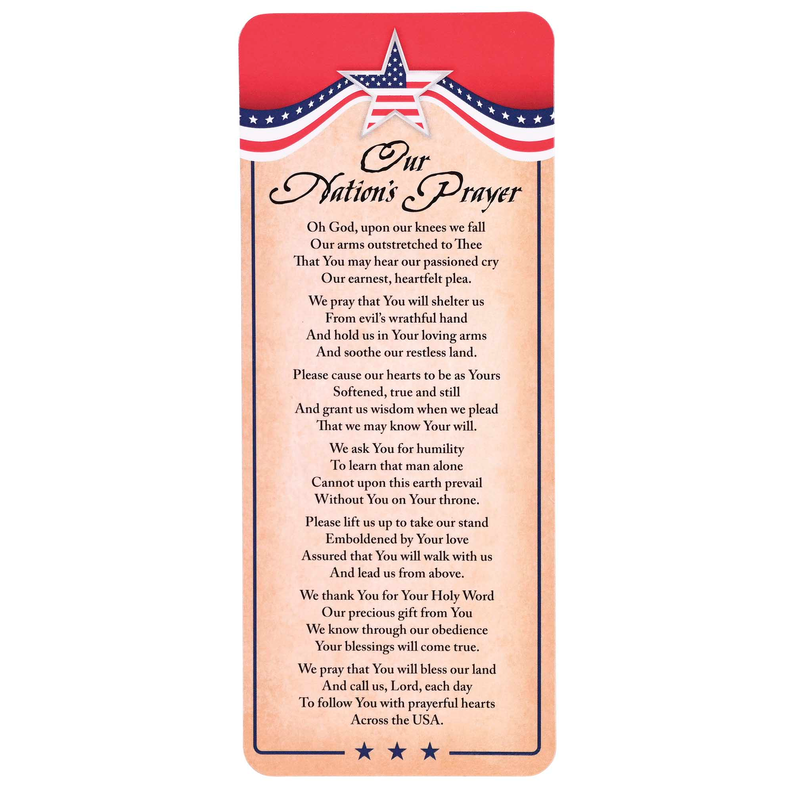 Patriotic prayer card front with Our Nations Prayer text and star ribbon banner