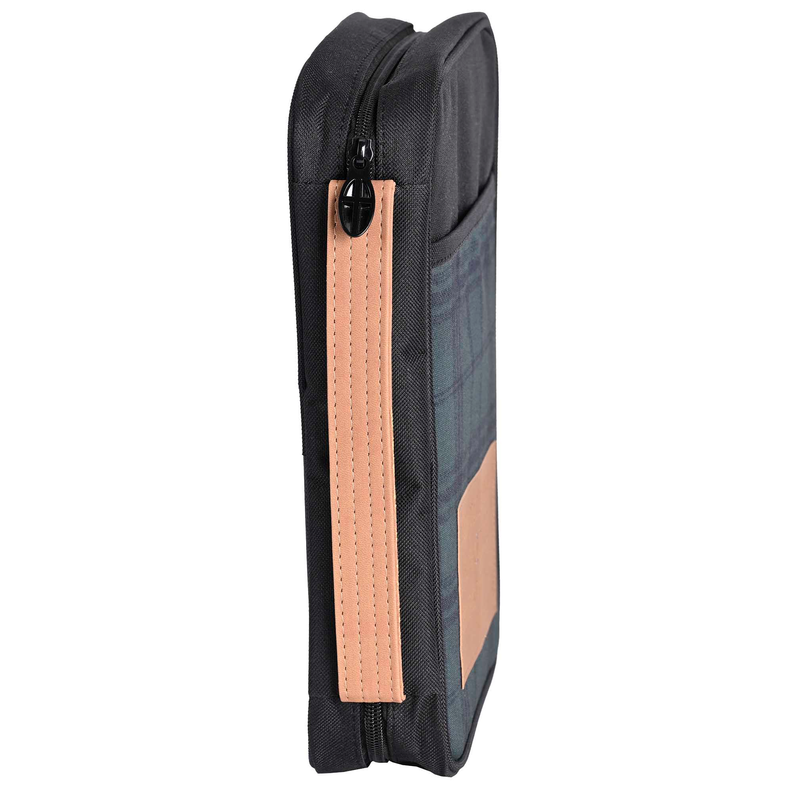 Large Bible case with zip closure, dark plaid fabric and stitched side handle loop.