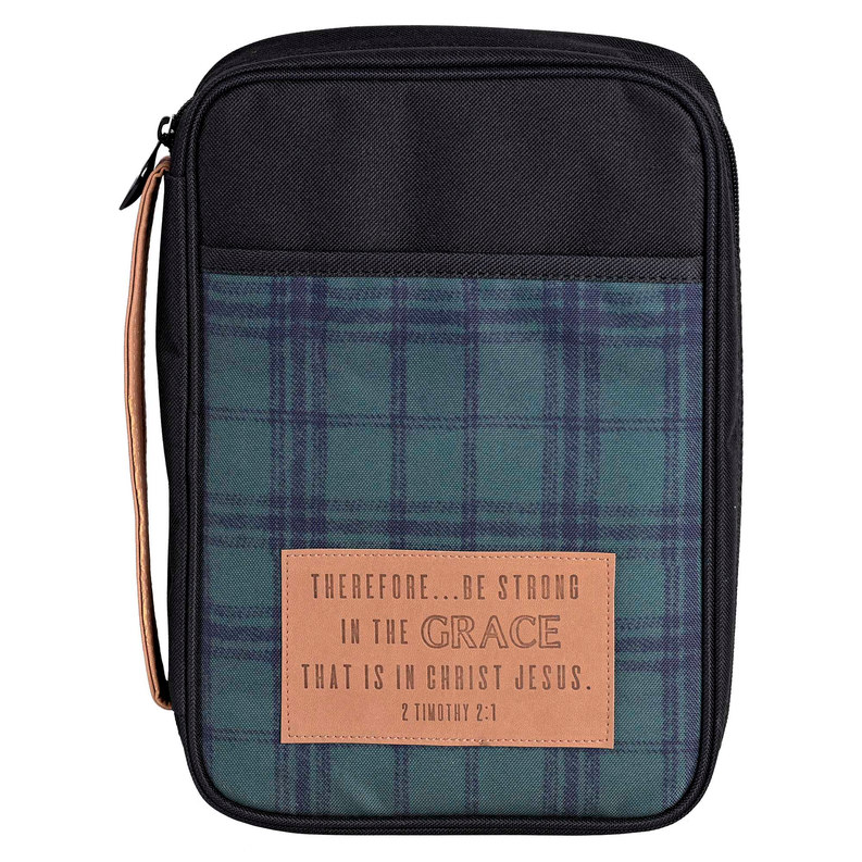 Large Bible case front, dark plaid fabric with inspirational quote patch, zip top.