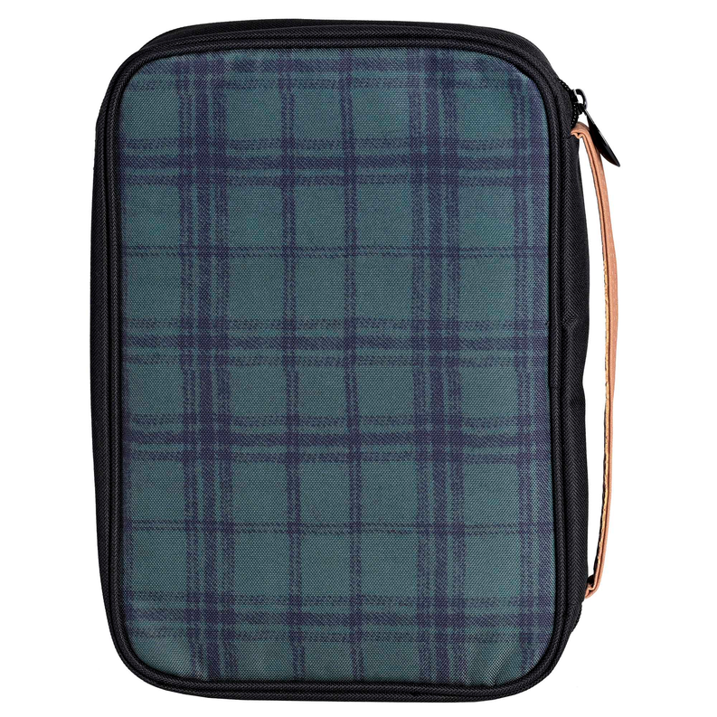 Large Bible case back, dark teal plaid fabric with black trim and zip closure.