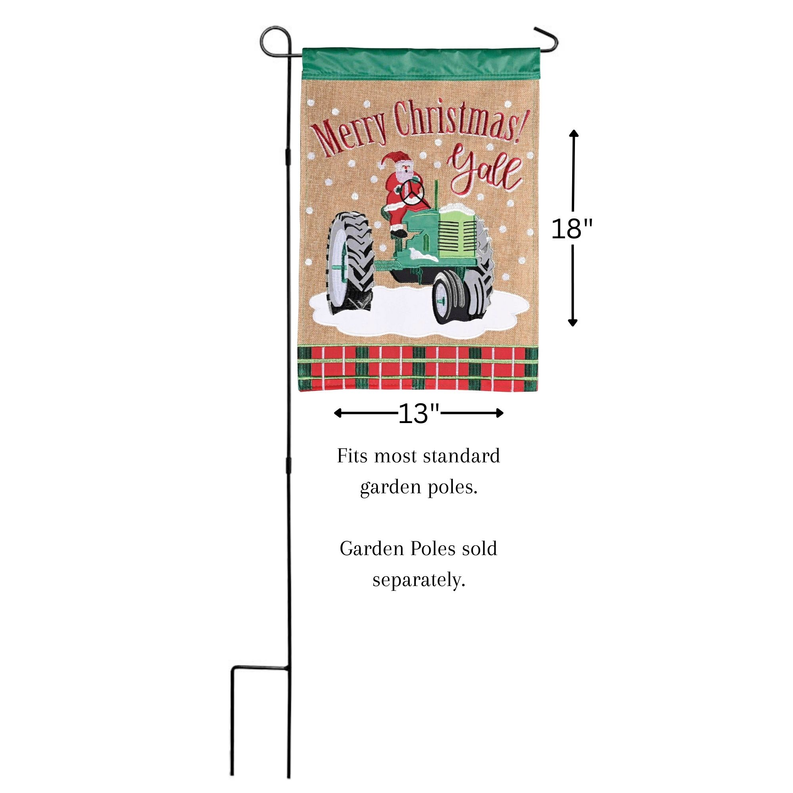 13"x18" Christmas garden flag with Santa tractor and "Merry Christmas! Y'all" text