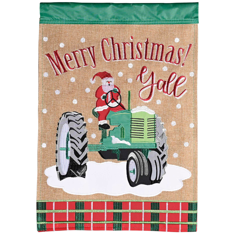 Christmas garden flag with green header; "Merry Christmas! Y'all" Santa tractor artwork