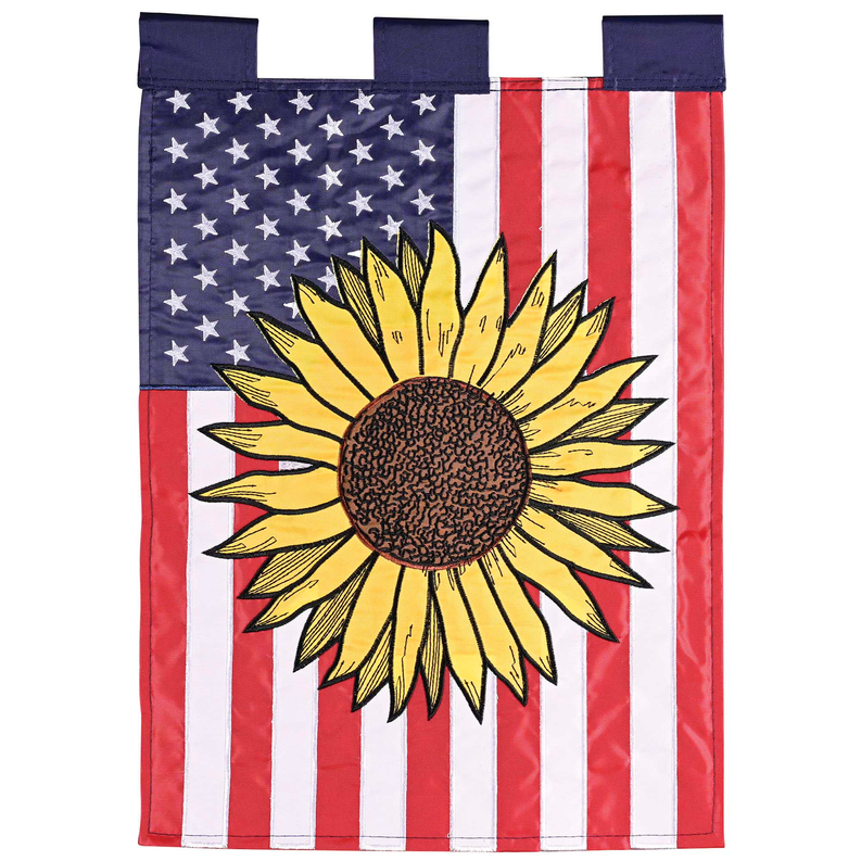 Patriotic garden flag featuring a large yellow sunflower over red and white stripes